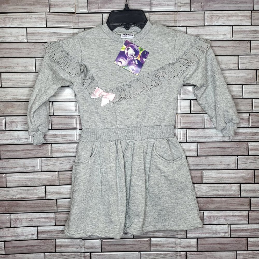 New Blueberi Girls Dress‎ Size 6 Grey Long Sleeve Outfit Pink Bow Ruffles Top
